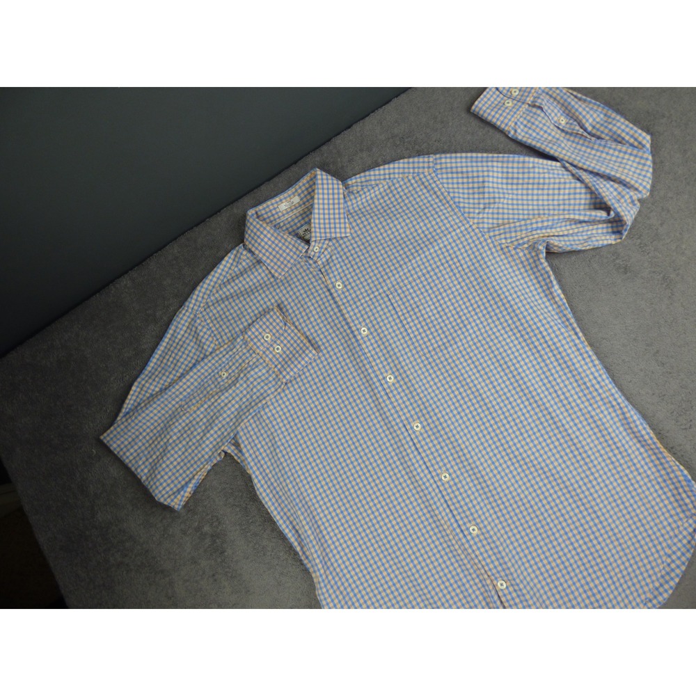 Peter Millar Mens Large Blue Orange Gingham Cotton Long Sleeve Button Down Shirt